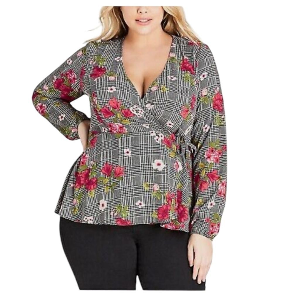 City Chic Gray Floral Long Sleeve Blouse